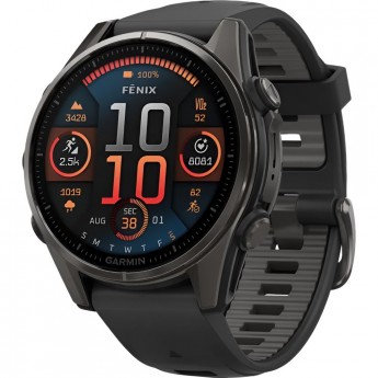 Смарт-часы GARMIN FENIX 8 – 43 мм, AMOLED Sapphire, титан с DLC-покрытием Carbon Gray и силиконовым ремешком черного/серого цвета
