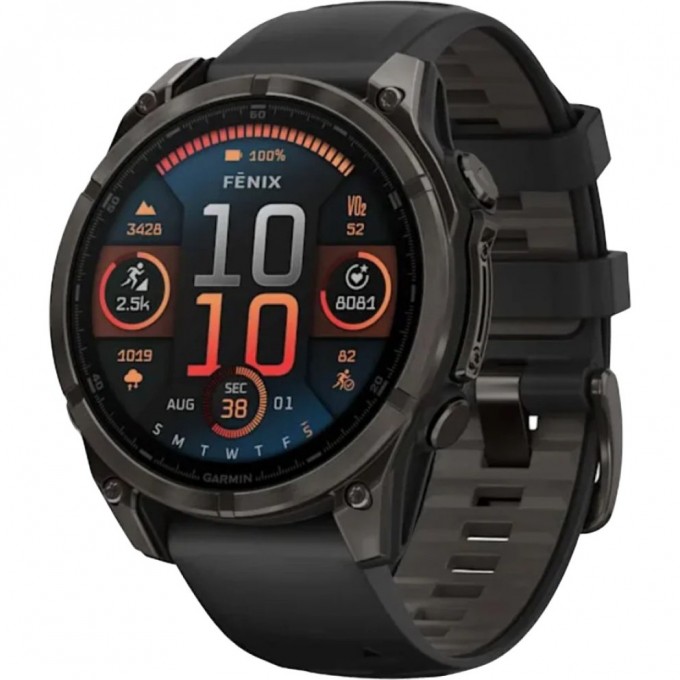 Смарт-часы Garmin Fenix 8 – 47 мм, AMOLED Sapphire, титан с DLC-покрытием Carbon Gray и силиконовым ремешком черного/серого цвета 010-02904-21