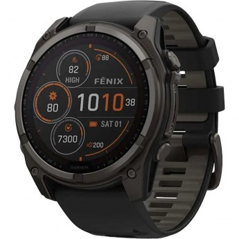 Смарт-часы GARMIN FENIX 8 – 51 мм, Solar Sapphire, титан с DLC-покрытием Carbon Gray и силиконовым ремешком черного/серого цвета